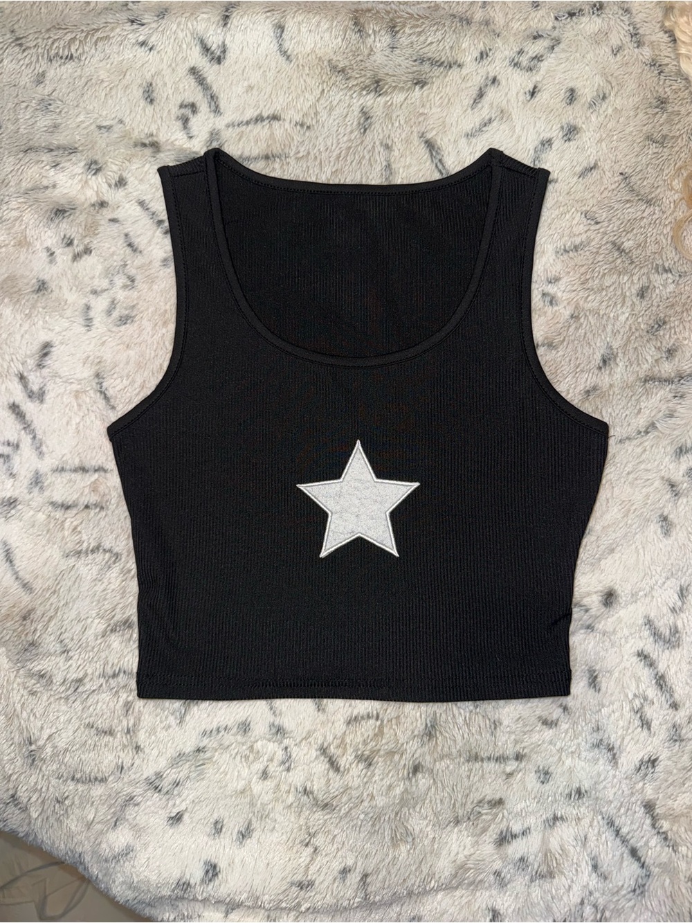 Black Ribbed Y2k Crop Tank Top with white star detail